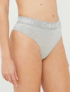 Calvin Klein Logo-print Stretch-cotton Thong -Reisi Clothing Shop 109 3003262 000QD3754E020 GREYHEATHER ALT03