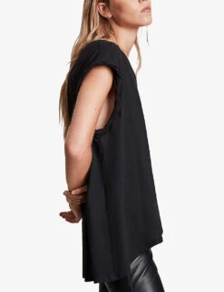 AllSaints Sanza Asymmetric-hem Cotton And Linen-blend Tank Top 11 AllSaints Sanza Asymmetric-hem Cotton And Linen-blend Tank Top -Reisi Clothing Shop R00075669 BLACK ALT04