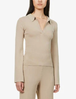 Hayden V-neck Stretch-knit Top -Reisi Clothing Shop R03828608 BEIGE ALT02