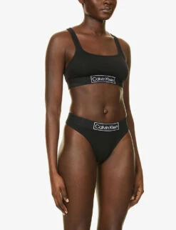 Calvin Klein Reimagine Heritage Brand-print Stretch-cotton Jersey Bralette -Reisi Clothing Shop R03894449 BLACK ALT02