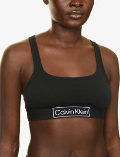 Calvin Klein Reimagine Heritage Brand-print Stretch-cotton Jersey Bralette -Reisi Clothing Shop R03894449 BLACK ALT04