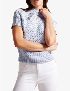 Ted Baker Stena High-neck Basket-stitch Cotton-blend Top -Reisi Clothing Shop R03902244 BABYBLUE ALT02
