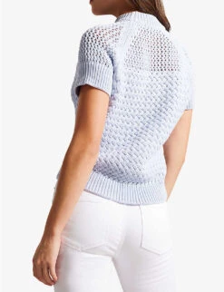 Ted Baker Stena High-neck Basket-stitch Cotton-blend Top -Reisi Clothing Shop R03902244 BABYBLUE ALT03