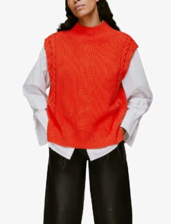 Whistles Sleeveless Cable Cotton And Wool Blend Jumper -Reisi Clothing Shop R03904115 RED ALT04