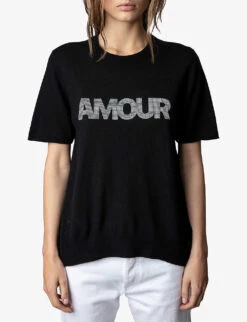 Zadig & Voltaire Ida Embellished-slogan Cashmere Sweater -Reisi Clothing Shop R03910669 NOIR ALT02