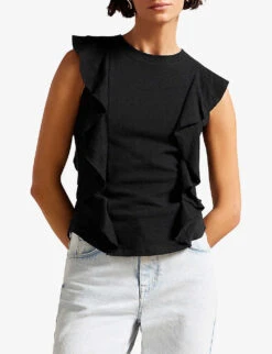 Ted Baker Kathley Ruffled Cotton And Linen T-shirt -Reisi Clothing Shop R03946257 BLACK ALT02