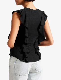 Ted Baker Kathley Ruffled Cotton And Linen T-shirt -Reisi Clothing Shop R03946257 BLACK ALT03