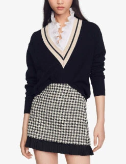 Sandro Bridget Embroidered Neck Wool-blend Sweatshirt -Reisi Clothing Shop R03947876 NOIRGRIS ALT02