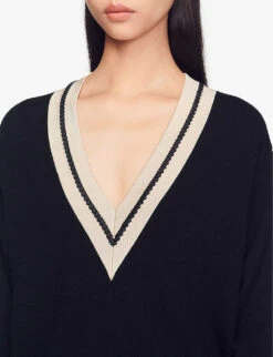 Sandro Bridget Embroidered Neck Wool-blend Sweatshirt -Reisi Clothing Shop R03947876 NOIRGRIS ALT04
