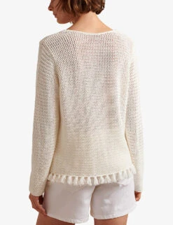 Tassel-trim Crochet Organic-cotton Jumper -Reisi Clothing Shop R04044642 PORCELAIN ALT02