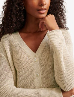 V-neckline Sparkle-knit Linen-blend Cardigan -Reisi Clothing Shop R04044644 OYSTER ALT03