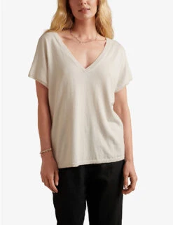 V-neck Button-back Recycled Cotton-blend Jumper -Reisi Clothing Shop R04063917 STONE ALT01