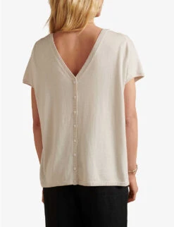 V-neck Button-back Recycled Cotton-blend Jumper -Reisi Clothing Shop R04063917 STONE ALT02