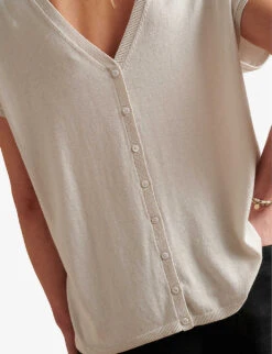 V-neck Button-back Recycled Cotton-blend Jumper -Reisi Clothing Shop R04063917 STONE ALT03