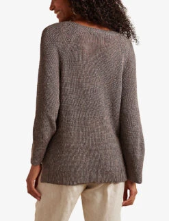 V-neck Sparkle-knit Linen-blend Jumper -Reisi Clothing Shop R04074671 PUTTY ALT02