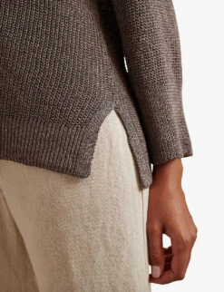 V-neck Sparkle-knit Linen-blend Jumper -Reisi Clothing Shop R04074671 PUTTY ALT03