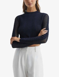 Reiss Judy High-neck Crochet-woven Cropped Jumper -Reisi Clothing Shop R04075267 NAVY ALT02