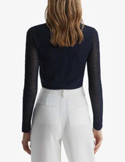 Reiss Judy High-neck Crochet-woven Cropped Jumper -Reisi Clothing Shop R04075267 NAVY ALT03
