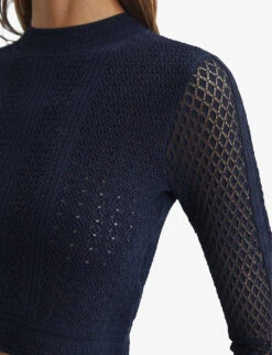 Reiss Judy High-neck Crochet-woven Cropped Jumper -Reisi Clothing Shop R04075267 NAVY ALT04