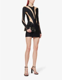 Mugler Spiral Panelled Stretch-woven Mini Dress -Reisi Clothing Shop R04078203 BLACKNUDE01 ALT01