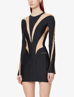 Mugler Spiral Panelled Stretch-woven Mini Dress -Reisi Clothing Shop R04078203 BLACKNUDE01 ALT02
