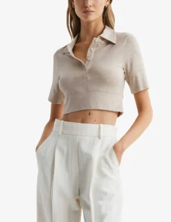 Reiss Eva Collared Cropped Stretch-knit Polo Top -Reisi Clothing Shop R04087043 NEUTRAL ALT02