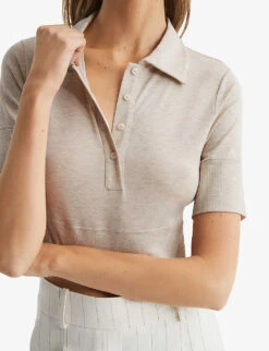 Reiss Eva Collared Cropped Stretch-knit Polo Top -Reisi Clothing Shop R04087043 NEUTRAL ALT04