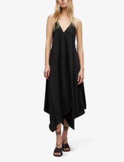 AllSaints Lil Asymmetric-hem Recycled Polyester-blend Maxi Dress -Reisi Clothing Shop R04087335 BLACK ALT02