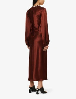 V-neck Flared-hem Woven Maxi Dress -Reisi Clothing Shop R04089685 BROWN ALT03