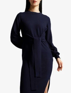 Ted Baker Essya Slouchy-fit Tie-front Knitted Midi Dress -Reisi Clothing Shop R04090494 DKBLUE ALT02