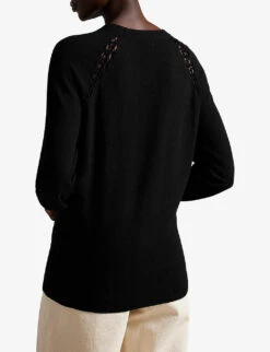 Ted Baker Raglan-sleeve Stitch-insert Knitted Jumper -Reisi Clothing Shop R04093041 BLACK ALT03