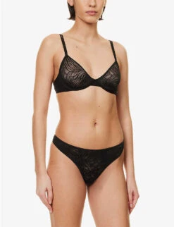 Calvin Klein Sheer Marquisette Mid-rise Stretch-lace Thong -Reisi Clothing Shop R04096772 BLACK ALT01