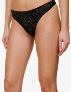 Calvin Klein Sheer Marquisette Mid-rise Stretch-lace Thong -Reisi Clothing Shop R04096772 BLACK ALT02