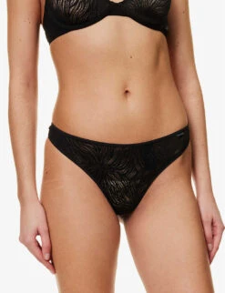 Calvin Klein Sheer Marquisette Mid-rise Stretch-lace Thong -Reisi Clothing Shop R04096772 BLACK ALT04