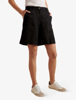 Longline Relaxed-fit Linen Shorts -Reisi Clothing Shop R04097408 BLACK ALT02