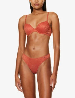 Calvin Klein Sheer Marquisette Floral-embroidered Recycled Nylon-blend Lace Bra -Reisi Clothing Shop R04097714 COPPER ALT01