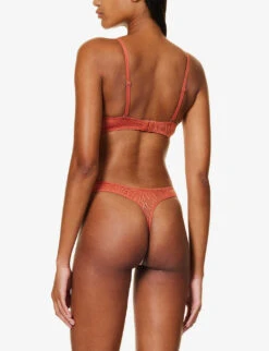 Calvin Klein Sheer Marquisette Floral-embroidered Recycled Nylon-blend Lace Bra -Reisi Clothing Shop R04097714 COPPER ALT02