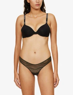 Calvin Klein Striped Semi-sheer Mid-rise Stretch-lace Thong -Reisi Clothing Shop R04097720 FIELDOLIVE ALT01