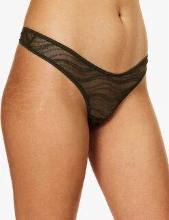 Calvin Klein Striped Semi-sheer Mid-rise Stretch-lace Thong -Reisi Clothing Shop R04097720 FIELDOLIVE ALT02