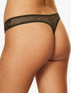 Calvin Klein Striped Semi-sheer Mid-rise Stretch-lace Thong -Reisi Clothing Shop R04097720 FIELDOLIVE ALT03