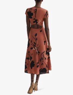 Reiss Floella Floral-print Round-neck Woven Midi Dress -Reisi Clothing Shop R04098673 BLUSHBLACK ALT03