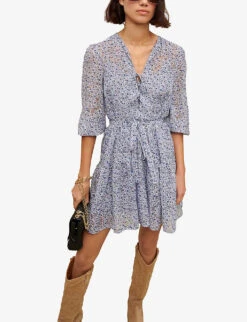 Maje Rilaneta Floral-print Chiffon Mini Dress -Reisi Clothing Shop R04101535 BLEUS ALT04