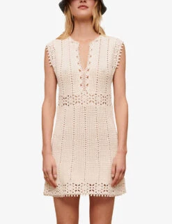 Maje Sleeveless Cotton-blend Crochet Mini Dress -Reisi Clothing Shop R04101901 BLANC ALT02