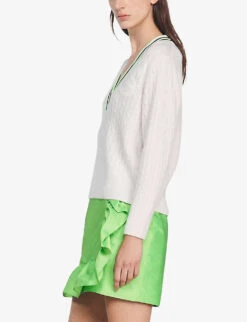 Sandro Aubin Logo-embroidered V-neck Wool-blend Jumper -Reisi Clothing Shop R04102263 NATURELS ALT02