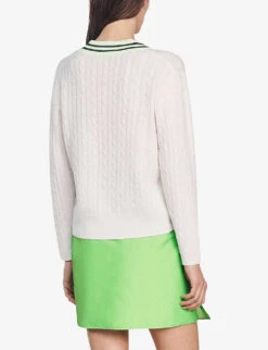 Sandro Aubin Logo-embroidered V-neck Wool-blend Jumper -Reisi Clothing Shop R04102263 NATURELS ALT03