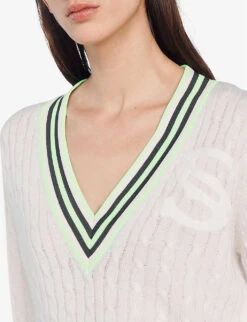 Sandro Aubin Logo-embroidered V-neck Wool-blend Jumper -Reisi Clothing Shop R04102263 NATURELS ALT04