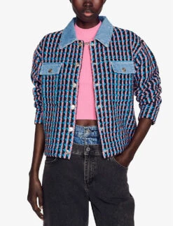 Sandro Gigina Checked Denim-trimmed Stretch-tweed Jacket -Reisi Clothing Shop R04102333 NOIRGRIS ALT02