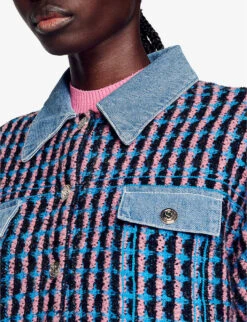 Sandro Gigina Checked Denim-trimmed Stretch-tweed Jacket -Reisi Clothing Shop R04102333 NOIRGRIS ALT04