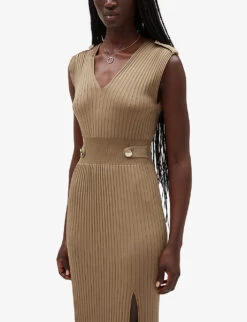 CLAUDIE PIERLOT Shoulder Epaulette Stretch Rib-knit Maxi Dress -Reisi Clothing Shop R04103364 NATURELS ALT04