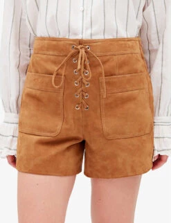 CLAUDIE PIERLOT Chris Lace-fastening Patch-pocket Suede Shorts -Reisi Clothing Shop R04103401 BRUNS ALT04